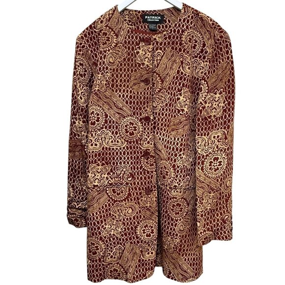 Patrick Collection 100% Silk Jacket Large Brick Red Print Duster Button Front - Picture 1 of 8